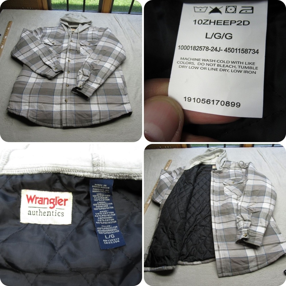 Wrangler Flannel Jacket Mens Large Gray White Plaid Quilt Lined Insulated NEW